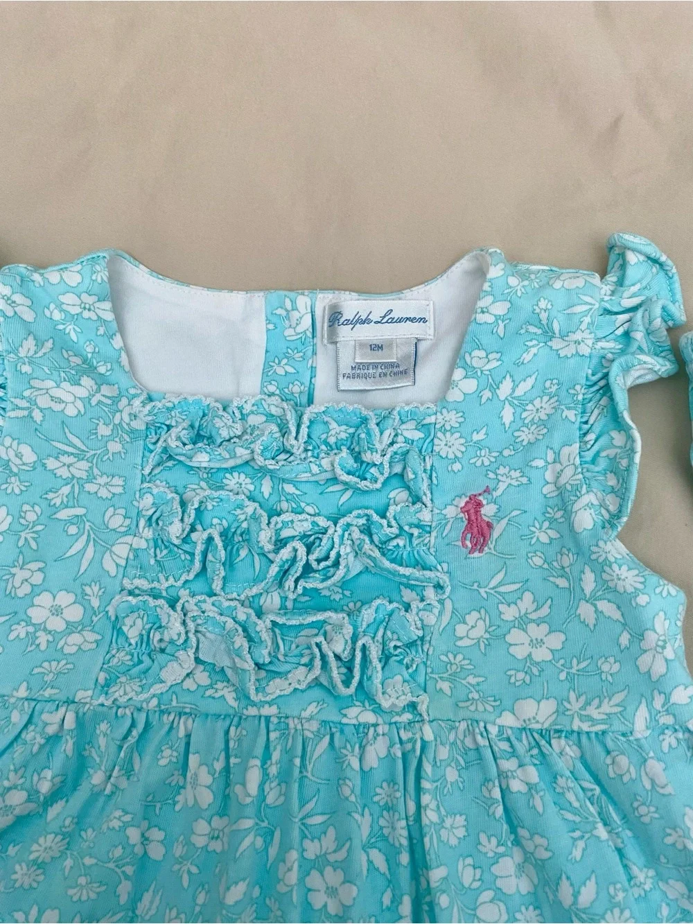 Ralph Lauren Aqua Floral Ruffle Baby Dress with Bloomers